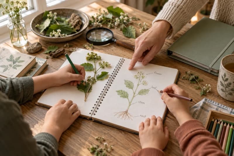 Children and a parent working together on a nature-study journal