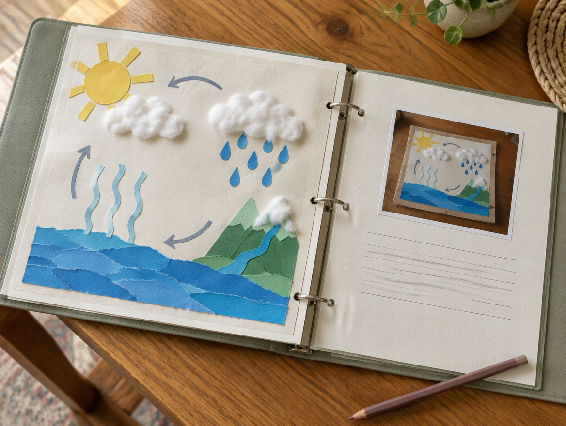 Illustrative homeschool portfolio with a handmade water-cycle project and space for a parent’s learning note