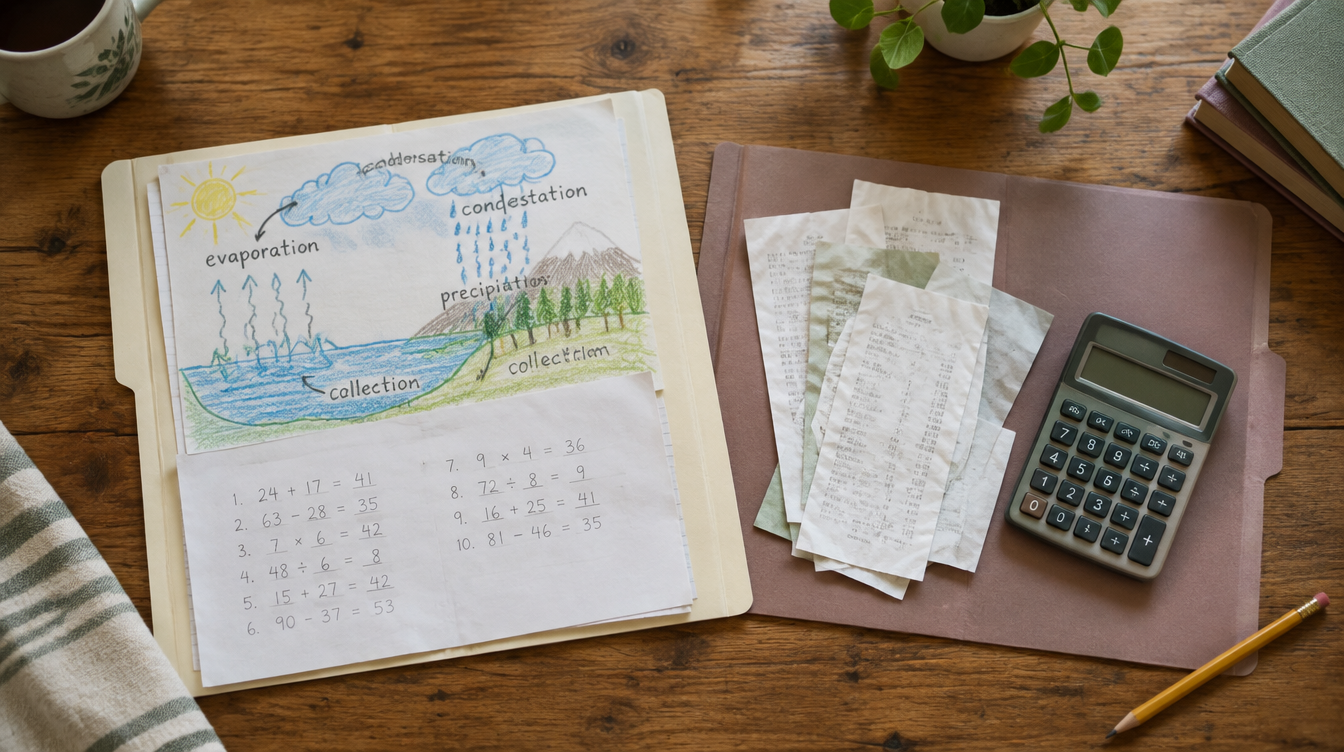 Two folders on a table separating homeschool learning samples from receipts and a calculator