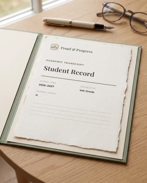 Printed Proof & Progress academic transcript arranged inside a sage homeschool record portfolio